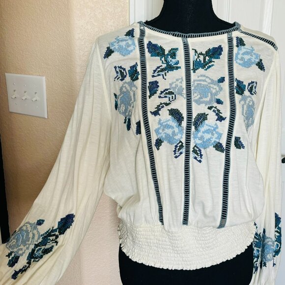 Free People Cream Color with Blue Embroidery Floral - NWOT - Picture 3 of 3